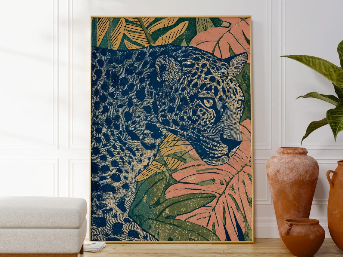 Bold Navy Blue Leopard Linocut Style Tropical Wildlife Art Print