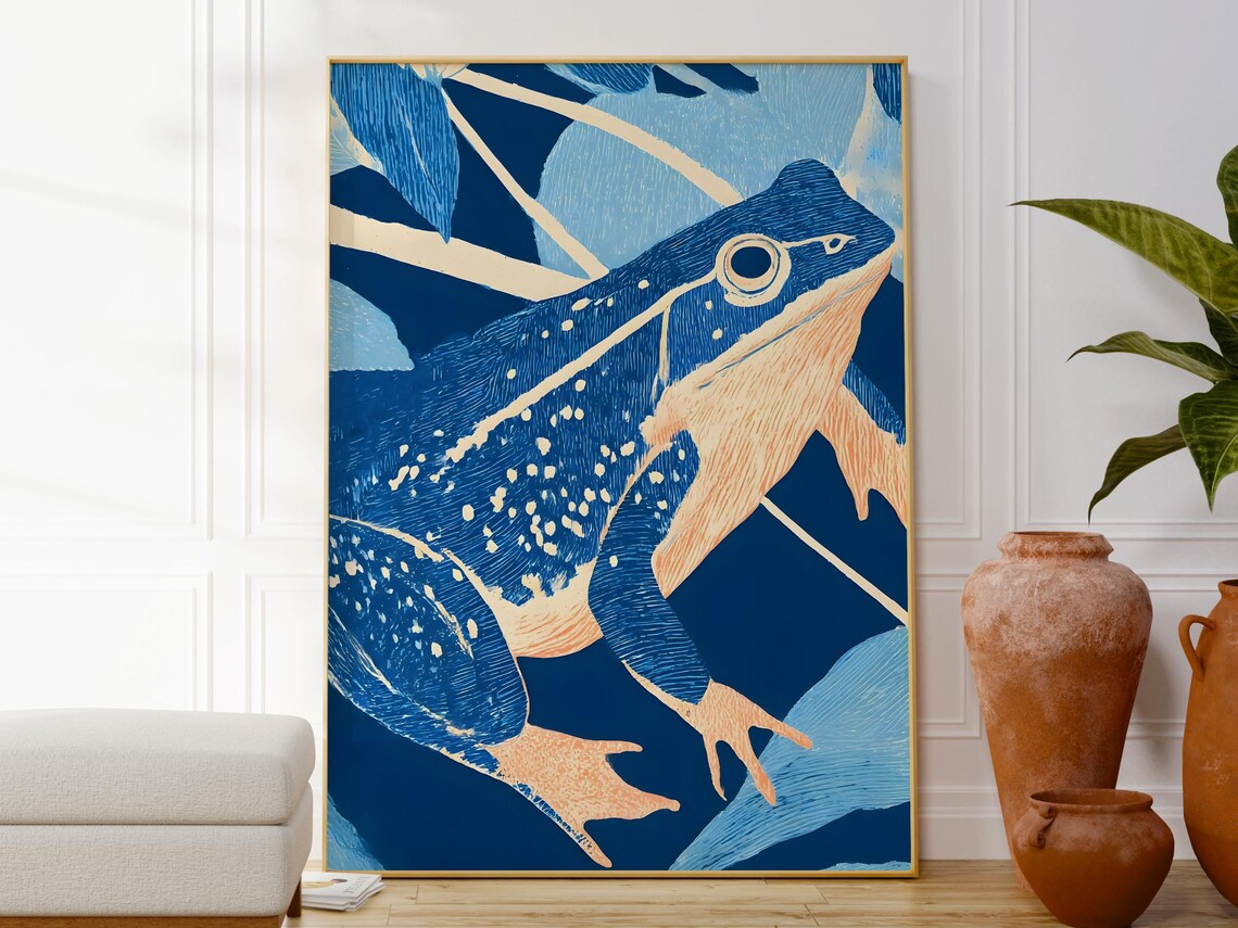 Blue Frog Lino Print, Tropical Jungle Art Print
