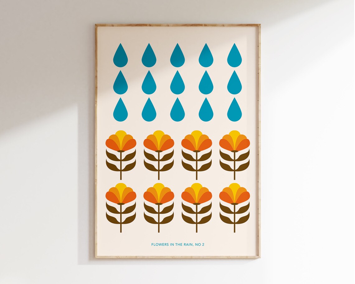 Flowers In The Rain No 2 Retro Mid Century Botanical Art Poster