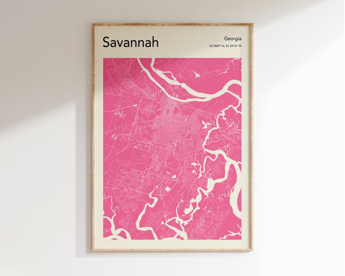 Minimalist Pastel Savannah Georgia City Map Pink Coordinates Poster