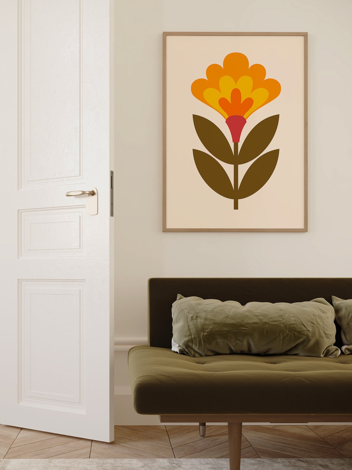 Mid Century Bold Orange Scalloped Bloom Retro Flower Art Poster - Image 2