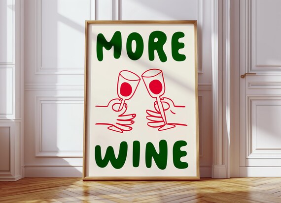More Wine Retro Bubble Letter Poster Green Red Cheers Hand Drawn Art
