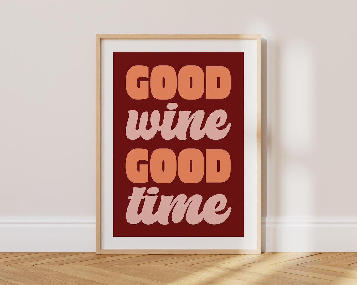 Good Wine Good Time Pink and Red Retro Bar Decor Typography Poster - Image 2
