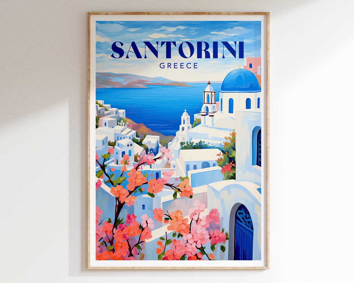 Santorini Greece Blue Domed Churches Caldera Sea View Travel Poster