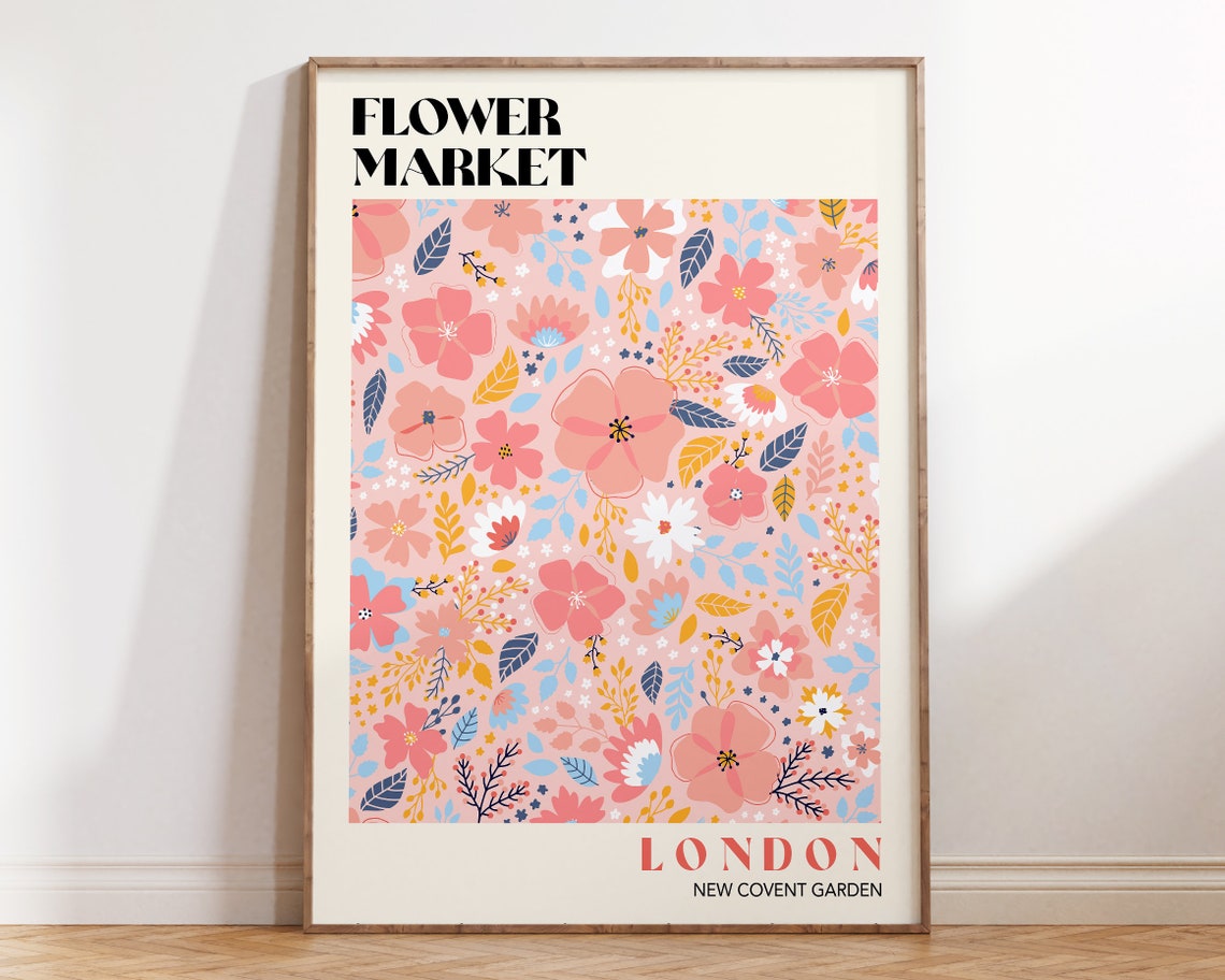 Pastel Pink Flower Market Print London Flower Market Poster Floral Art Poster Retro 70s Flower Market Boho Flower Market Print F111