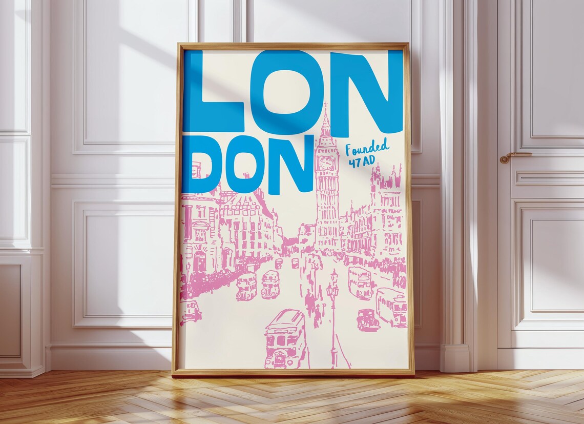 London Retro Travel Art Bold Blue Pink Big Ben Buses Wall Art