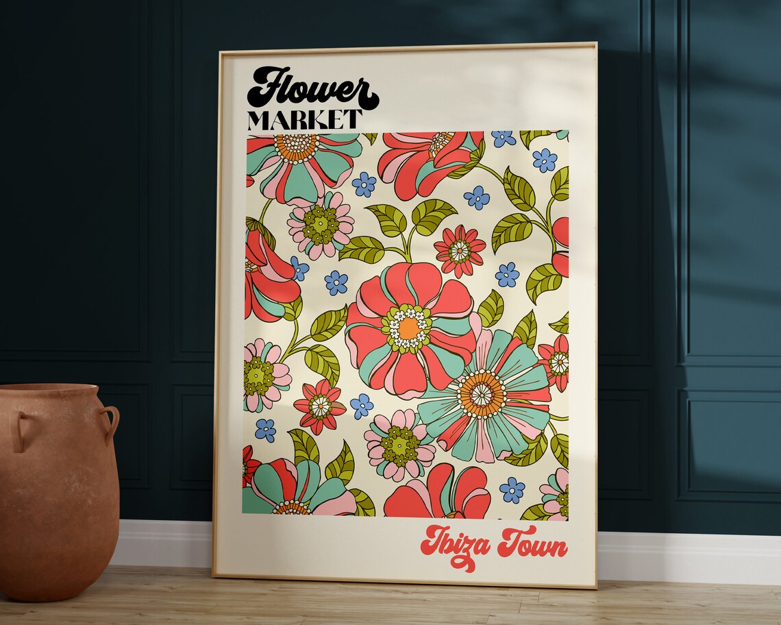 Ibiza Town Flower Market Colorful Retro Floral Pattern Poster - Image 4