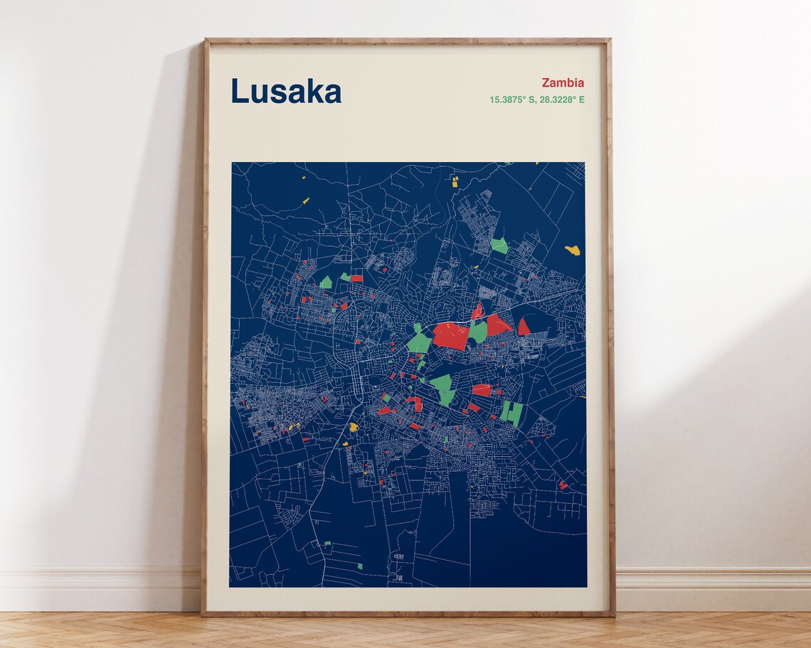 Lusaka Zambia Colorful Navy City Street Map Art Poster Travel Decor