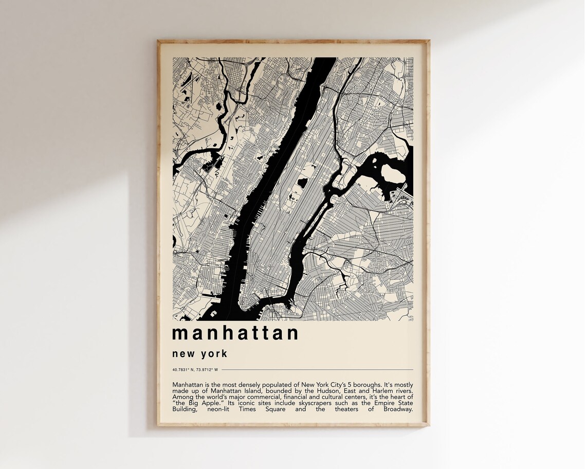 Manhattan New York Black Cream Minimalist Island Street Map Poster