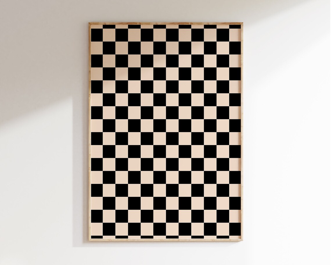 Black Cream Checkered Retro Mid-Century Art Print