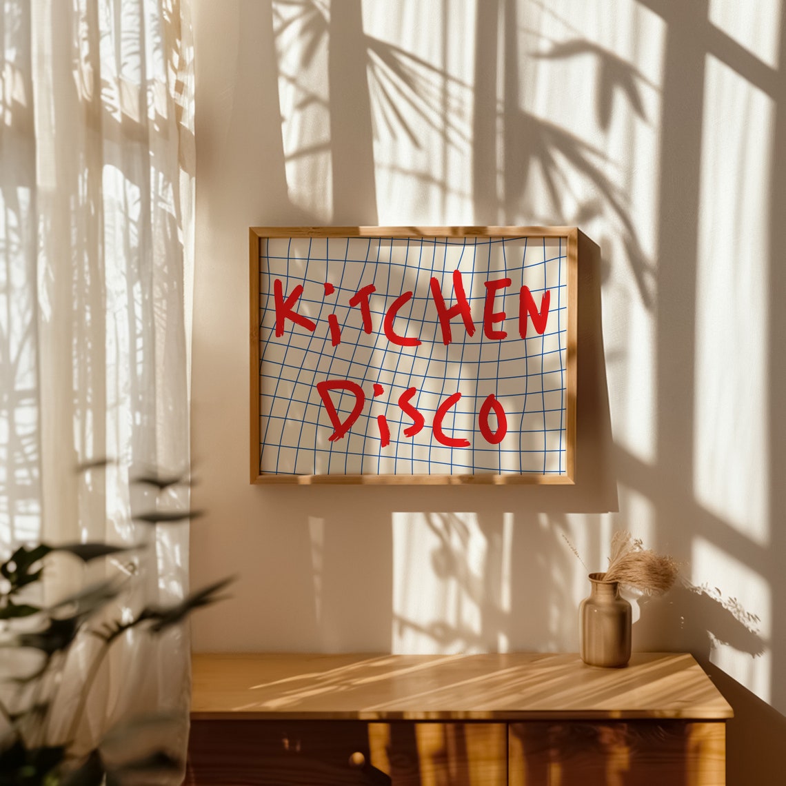 Kitchen Disco Red Brush Lettering Blue Grid Retro Quote Poster - Image 2