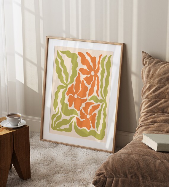 Retro Wavy Orange Green Abstract Botanical Floral Art Poster