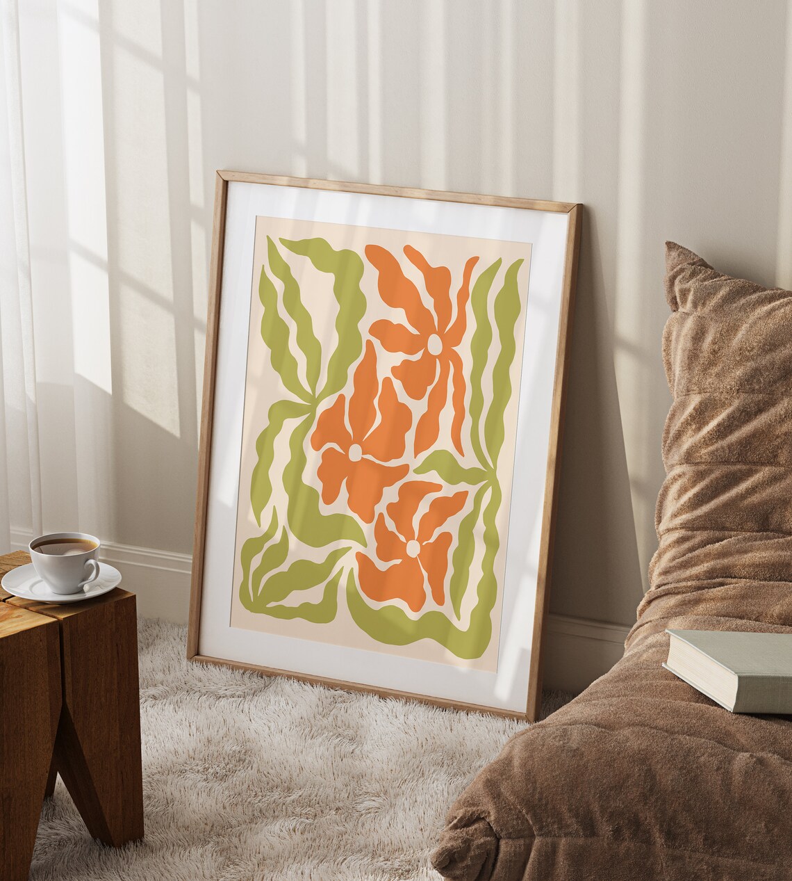 Retro Wavy Orange Green Abstract Botanical Floral Art Poster