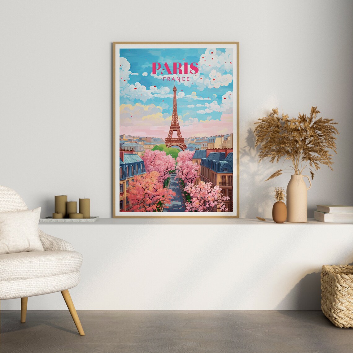 Paris France Eiffel Tower Cherry Blossom Pastel Travel Poster - Image 2