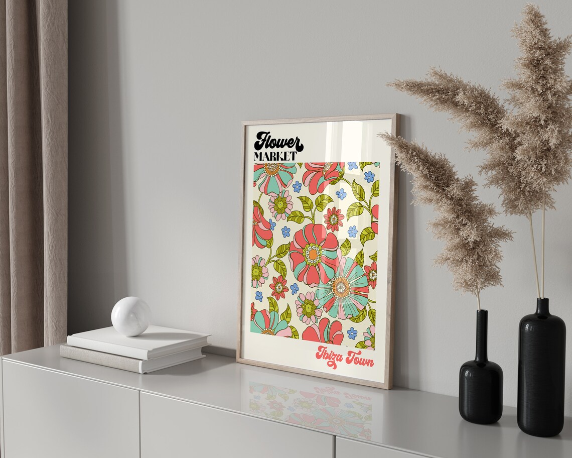 Ibiza Town Flower Market Colorful Retro Floral Pattern Poster