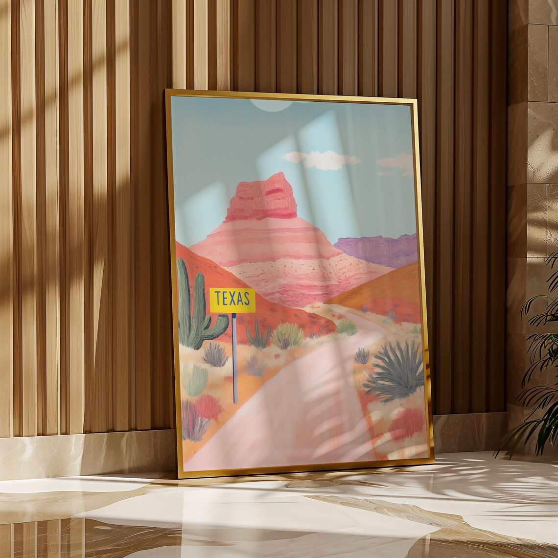 Texas Desert Road Sign Cactus Pink Mesa Landscape Travel Poster - Image 2