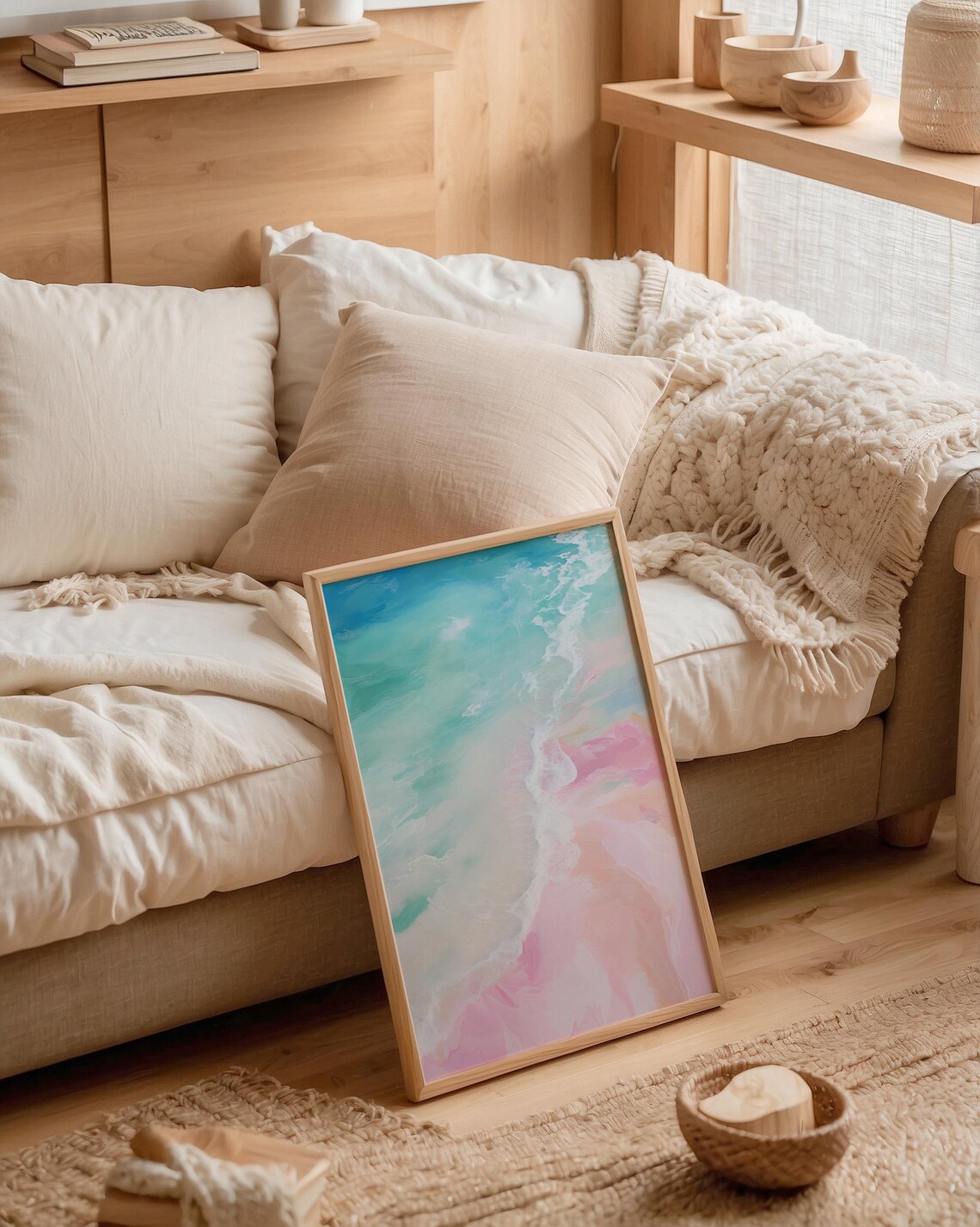Pastel Ocean Waves Aerial Beach Abstract Coastal Pink Art Poster - Image 2
