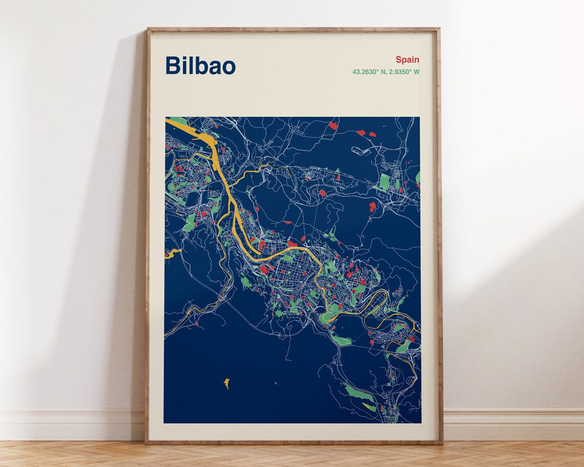 Bilbao Spain Navy City Map With Golden River Poster Art Travel Decor