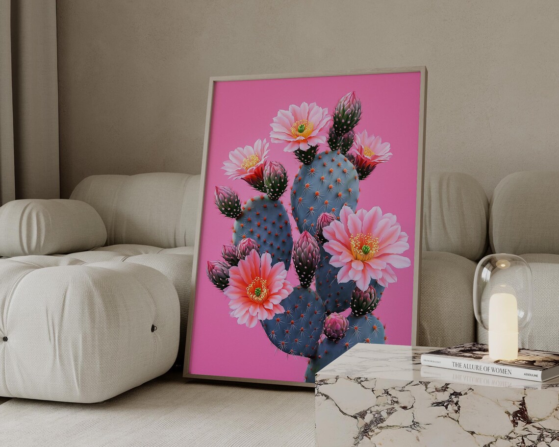 Pink Flowering Cactus Painting Blue Cactus Hot Pink Background Poster - Image 3