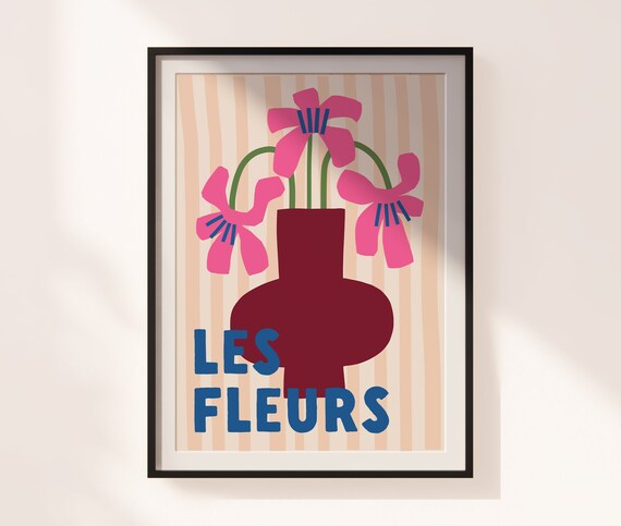 Les Fleurs Pink Flowers Burgundy Vase French Flower Market Poster