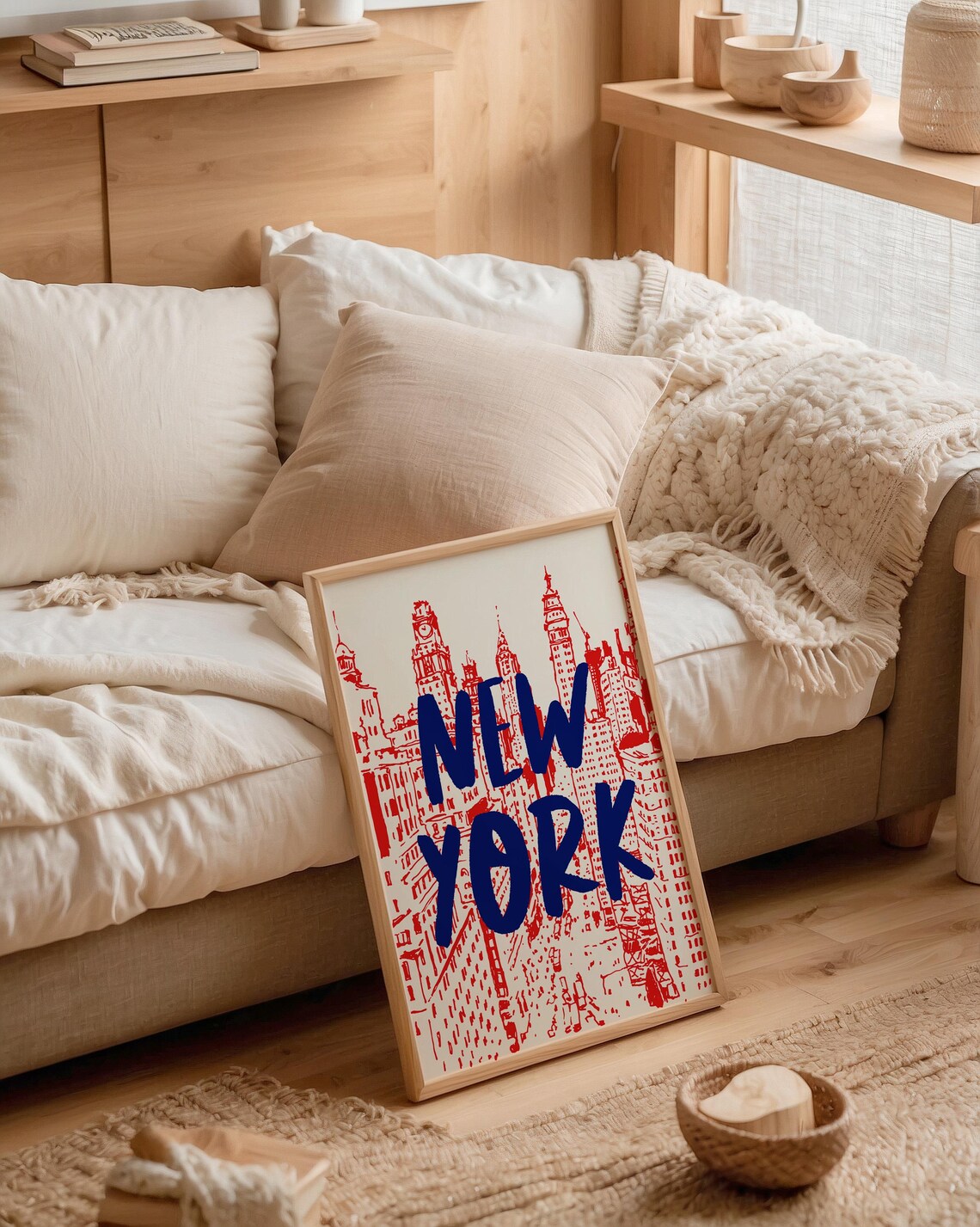 New York Red Manhattan City Skyline Hand Drawn Vintage Travel Poster - Image 2