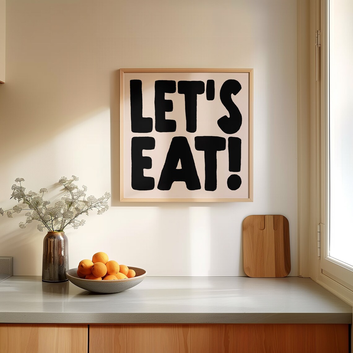 Lets Eat Bold Black Hand Drawn Cream Kitchen Quote Art Poster - Image 2