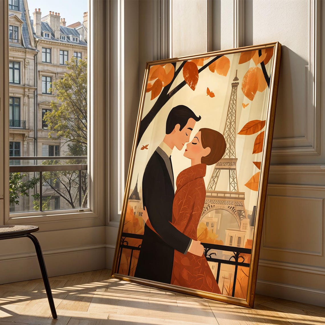 Paris Couple Autumn Leaves Eiffel Tower Romantic Illustration Poster