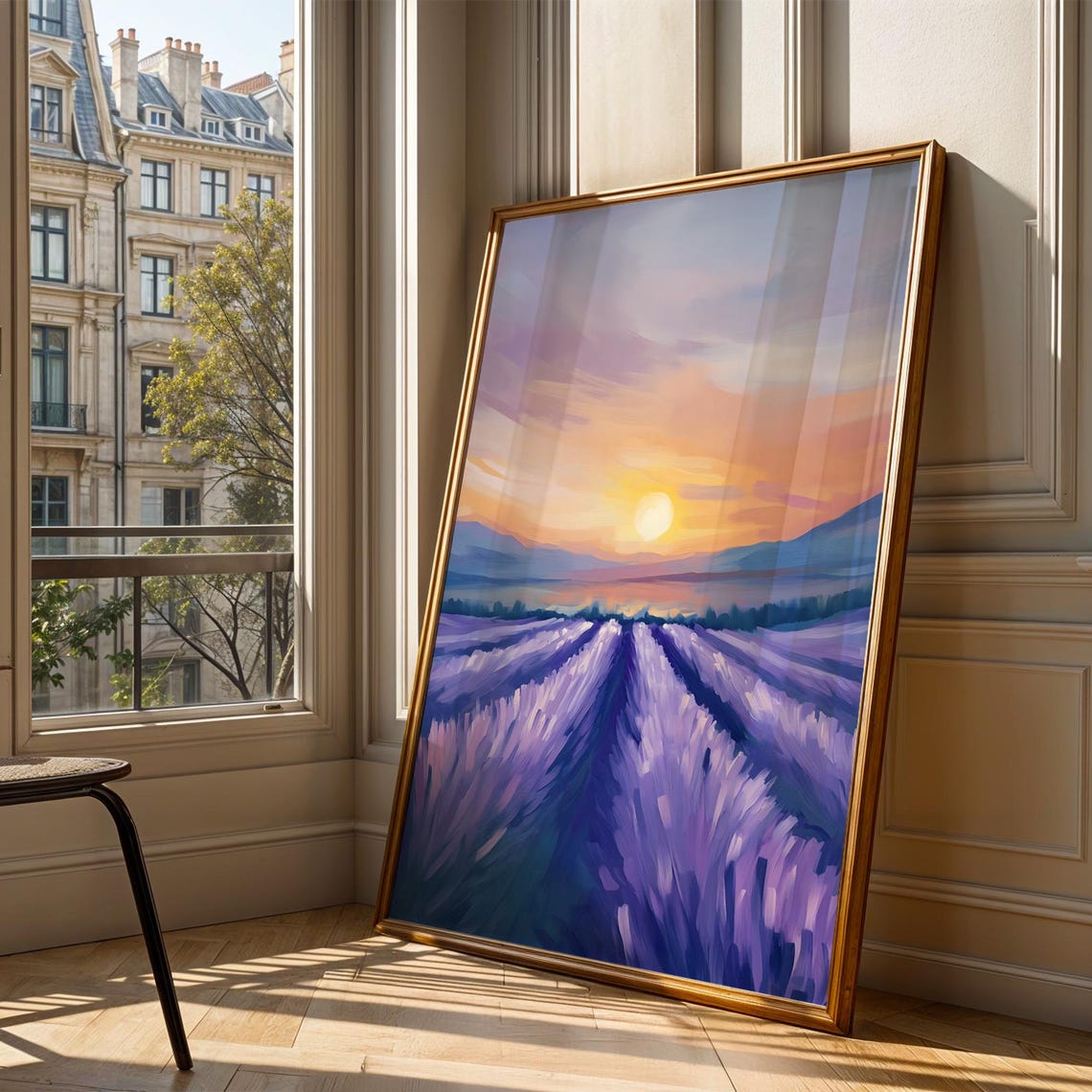 Golden Sunset Over Endless Lavender Field Rows Impressionist Poster