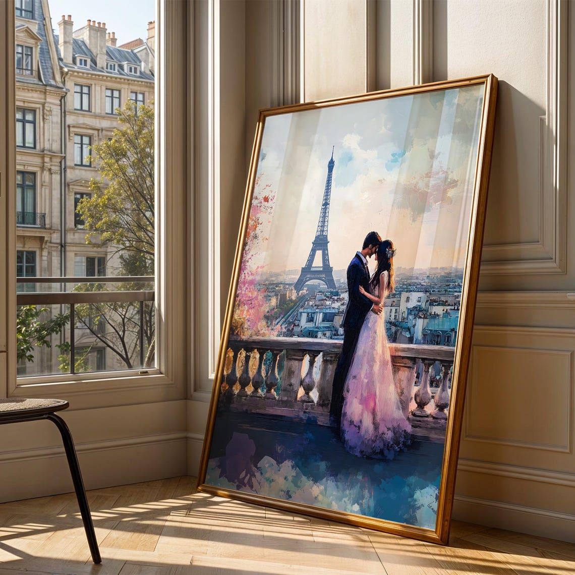 Eiffel Tower Couple Embrace Paris Rooftops Painterly Art Poster