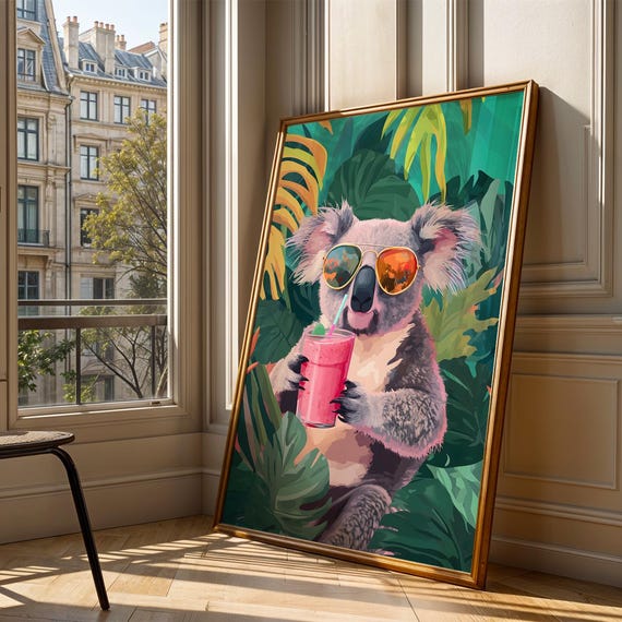 Cool Koala Drinking Smoothie With Sunglasses Tropical Illustration Trendy Wall Art Modern Prints Print