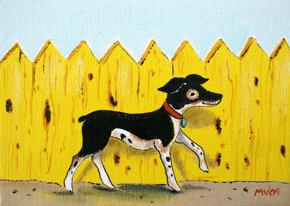Happy Black Dog Trotting By Bright Yellow Picket Fence Art Poster