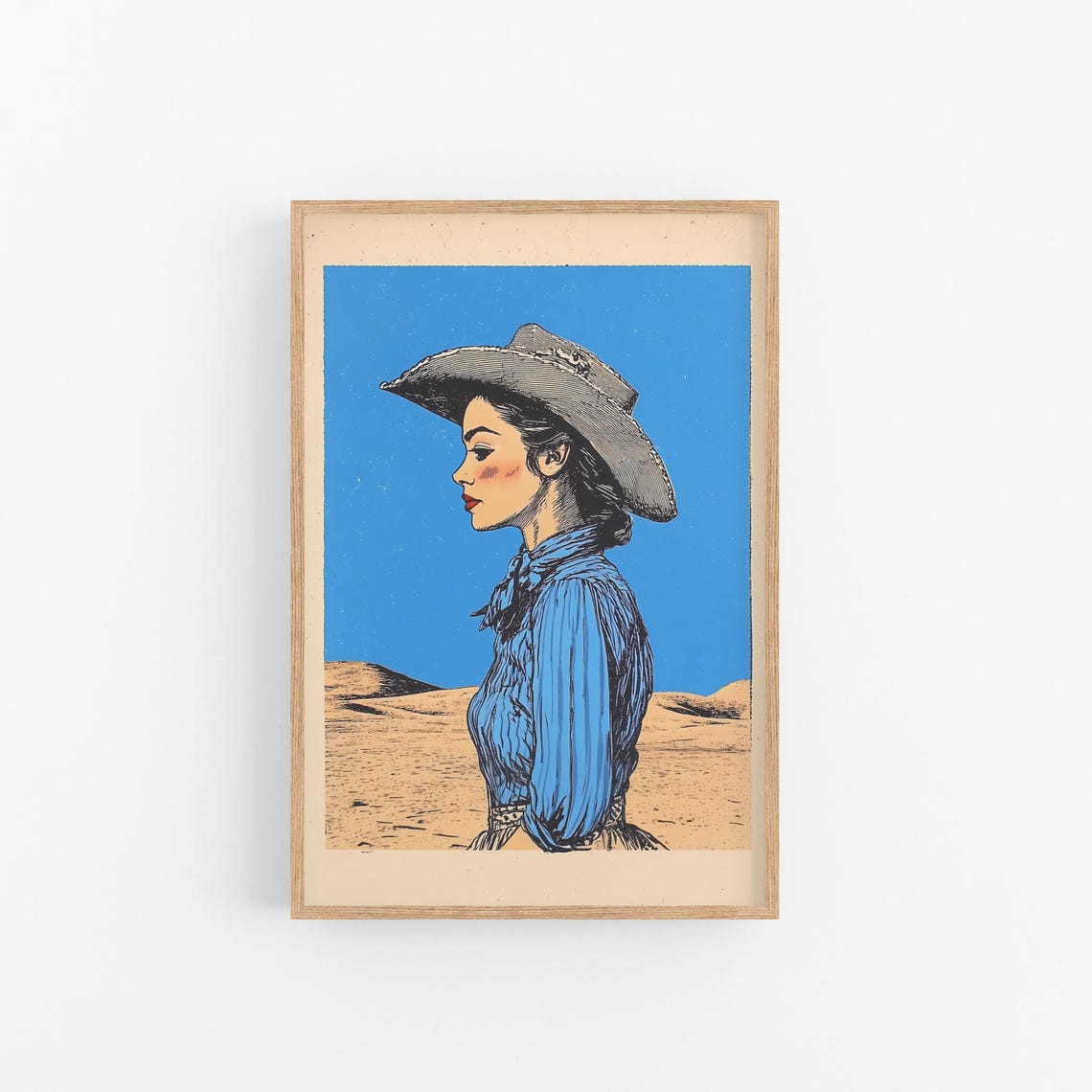 Vintage Cowgirl Profile Blue Hat Desert Western Ranch Wall Art