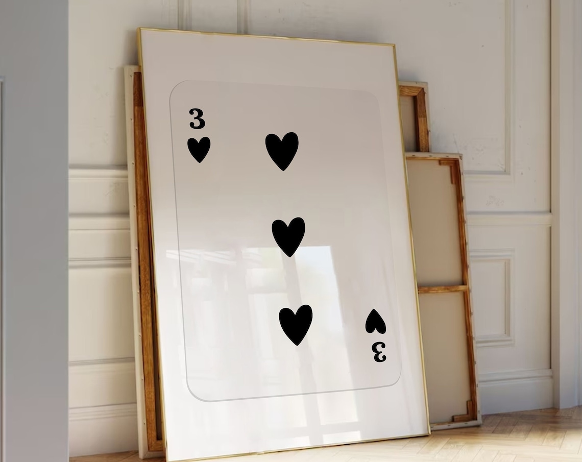 Three of Hearts Black Hearts Minimalist Playing Card Wall Art