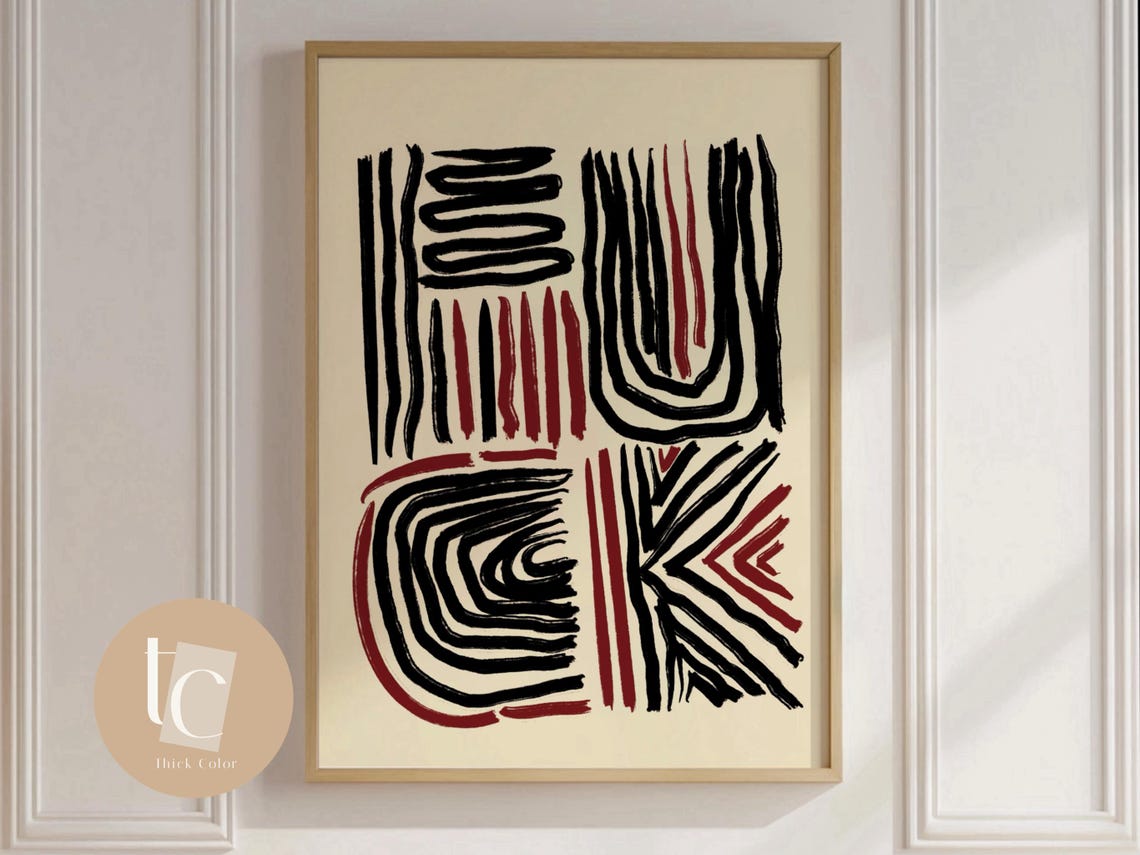 Tribal Brushstroke Abstract Line Art Poster Black Burgundy on Beige