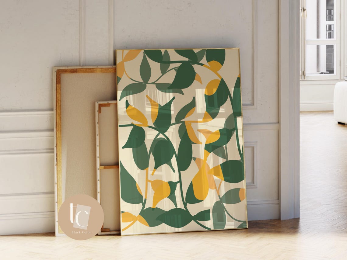 Green Yellow Botanical Leaf Pattern Vintage Abstract Wall Poster