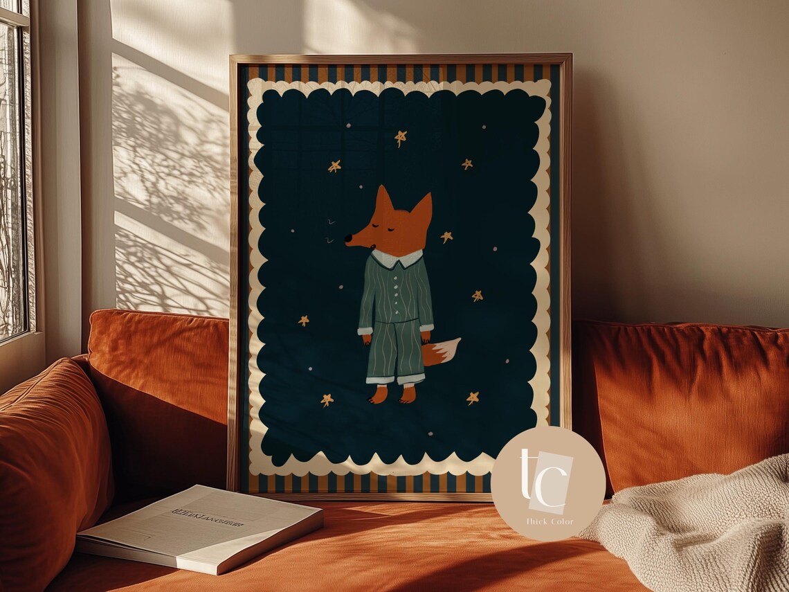 Sleeping Fox In Pajamas Retro Nursery Whimsical Night Sky Kids Art Poster