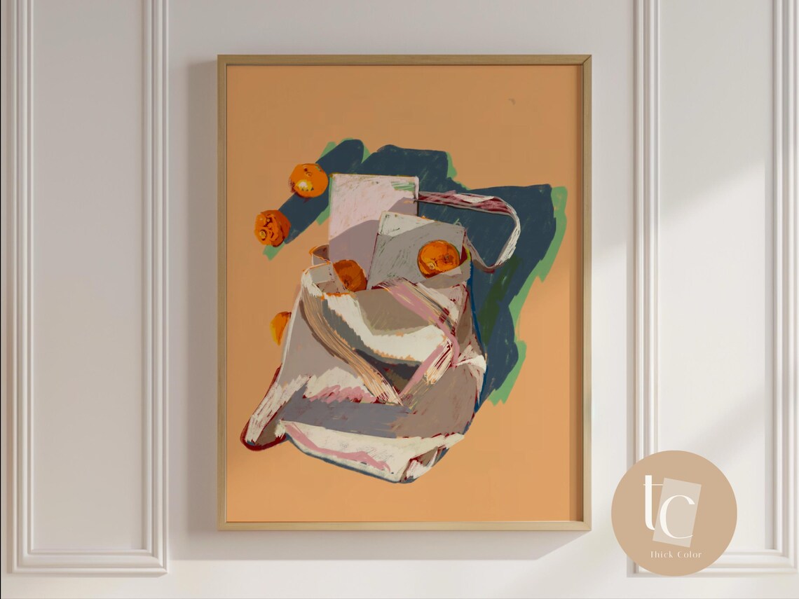 Bag Of Books And Oranges On Warm Coral Background Art Poster