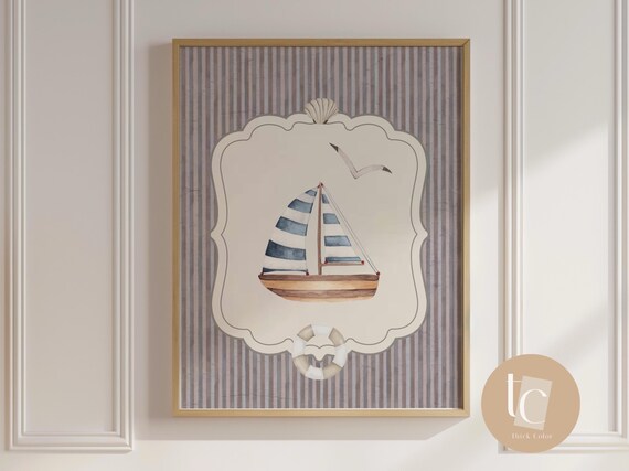 Sailboat Vintage Nursery Wall Art Nautical Ocean Animal Print For Kids Room Coastal Baby Decor Boy