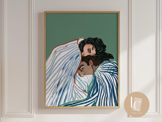 Bold Red Embrace Abstract Contemporary Figurative Wall Art Modern Lovers Print Minimalist Color Canvas Original Home Decor Stripes