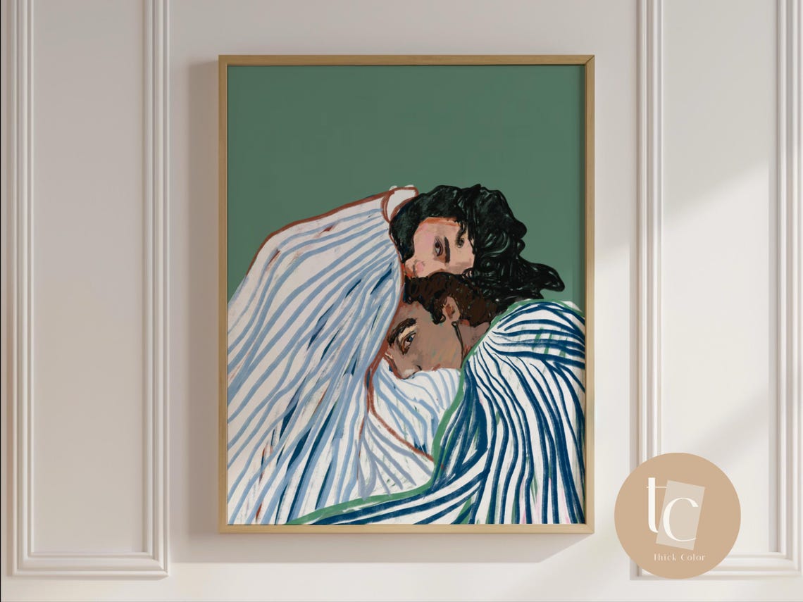 Emerald Green Embrace Lovers Abstract Figurative Modern Poster