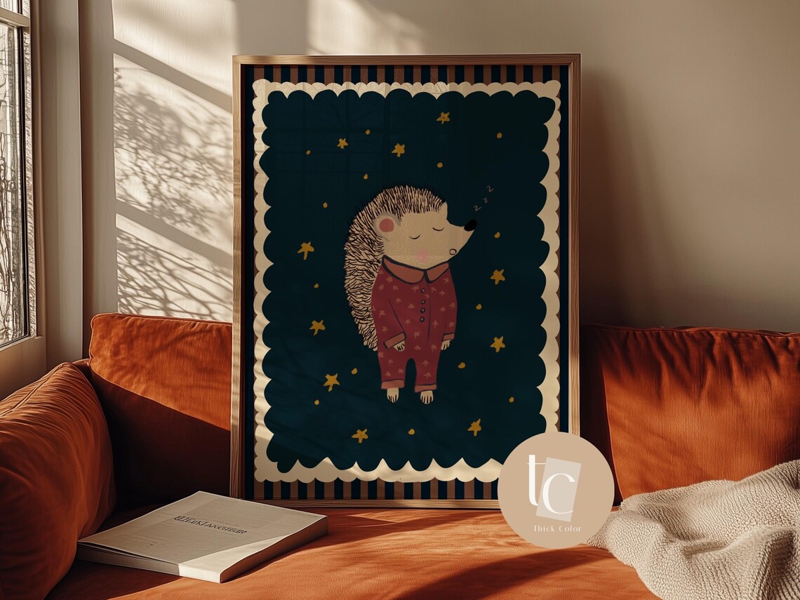 Sleeping Hedgehog In Pajamas Retro Nursery Whimsical Starry Kids Art Poster