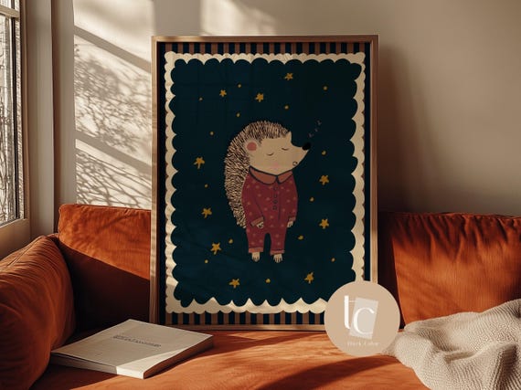 Baby Hedgehog Sleeping In Cute Pajamas Nursery Wall Art Retro Kids Decor Animals Gendre Neutral Whimsical Print
