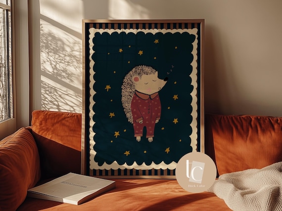 Sleeping Hedgehog In Pajamas Retro Nursery Whimsical Starry Kids Art Poster