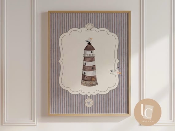 Lighthouse Seagulls Compass Watercolor Kids Nursery Nautical Sea Poster