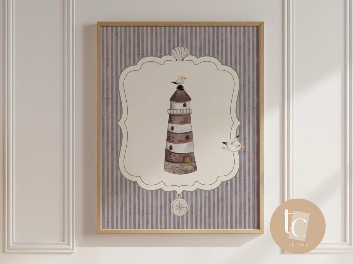 Lighthouse Seagulls Compass Watercolor Kids Nursery Nautical Sea Poster