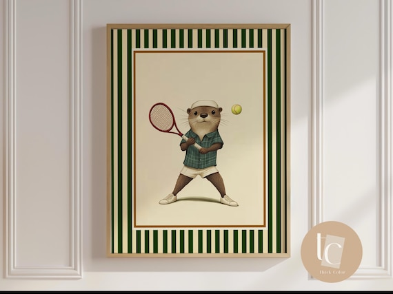 Otter Playing Tennis Green Striped Retro Kids Nursery Cute Animal Poster