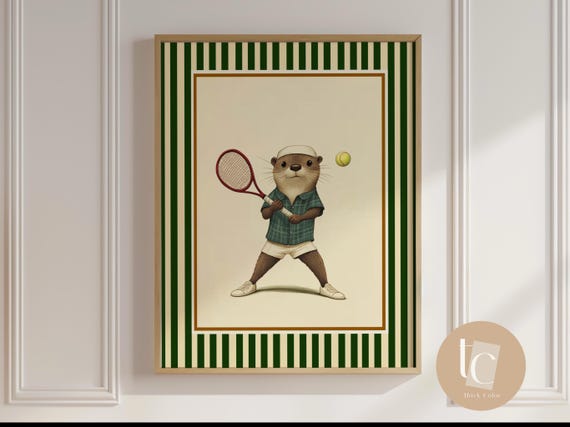 Otter Playing Tennis Wall Print Kids Room Playroom Nursery Art Retro Decor Genre Neutral Baby Illustration