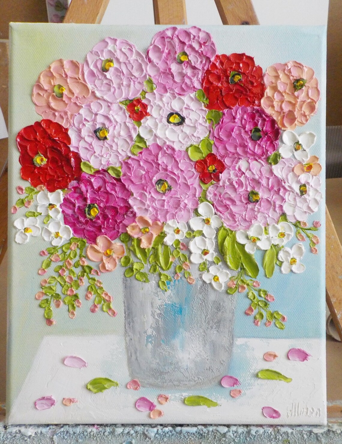 Pink Red and Apricot Zinnia Bouquet Impasto Floral Art Poster - Image 4