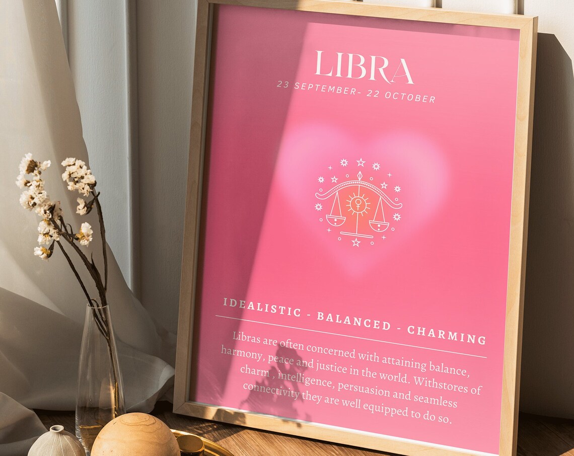 Libra Pink Zodiac Star Sign Astrology Birthday Gift Scales Wall Poster - Image 4