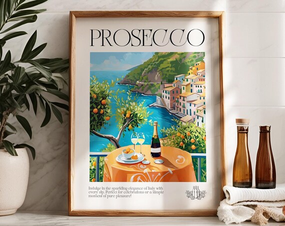 Prosecco Italian Coastal Village Wine Travel Illustration Bar Cart Poster